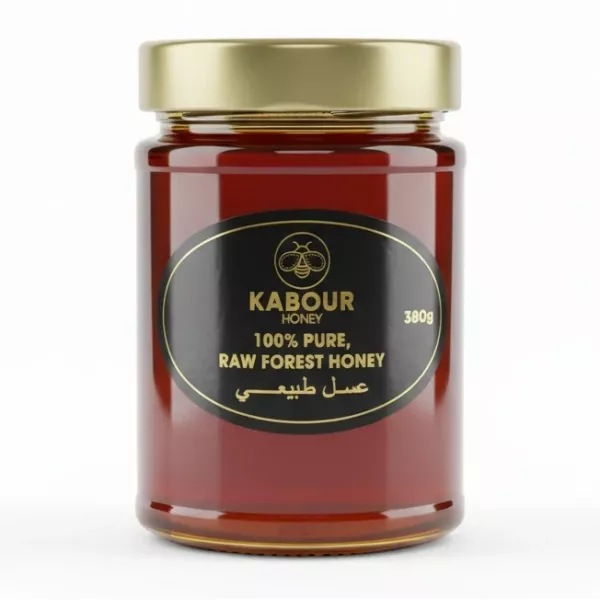 Jar of Kabour 100% Pure Raw Forest Honey with gold lid and black label