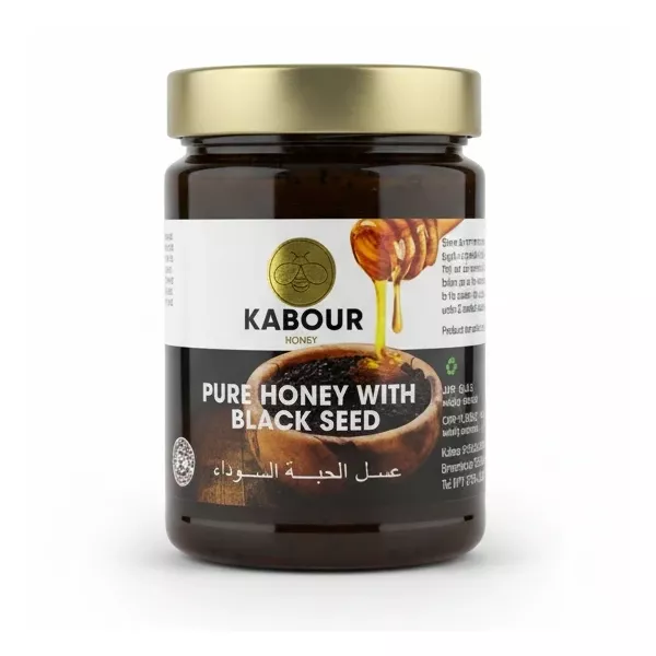 Jar of Kabour pure honey with black seed