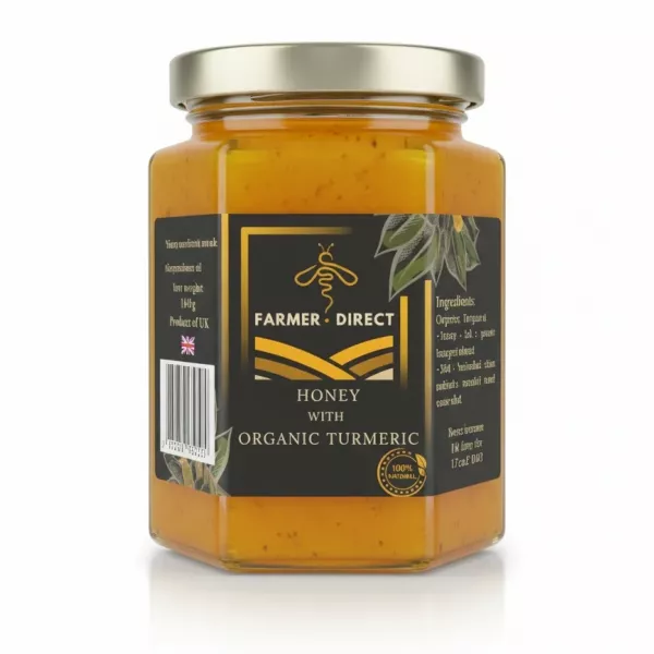 Jar of Farmer Direct honey with organic turmeric showing label front