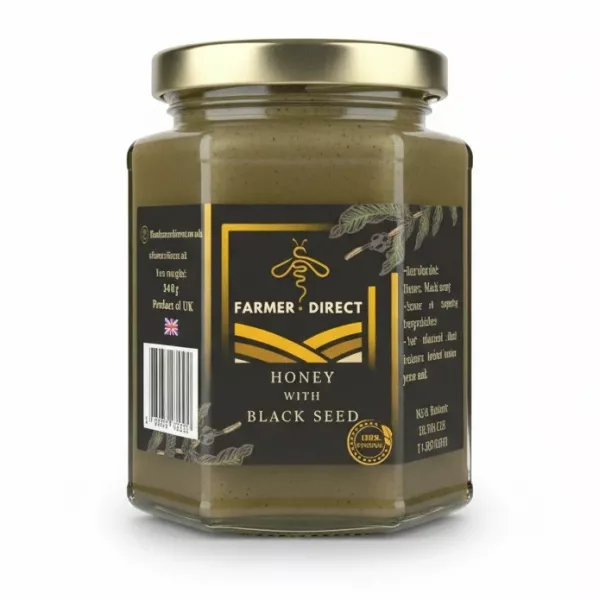 Jar of Farmer Direct Honey with Black Seed front label on a white background without price