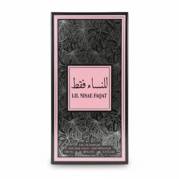 Lil Nisae Faqat perfume box front with pink and black leaf design