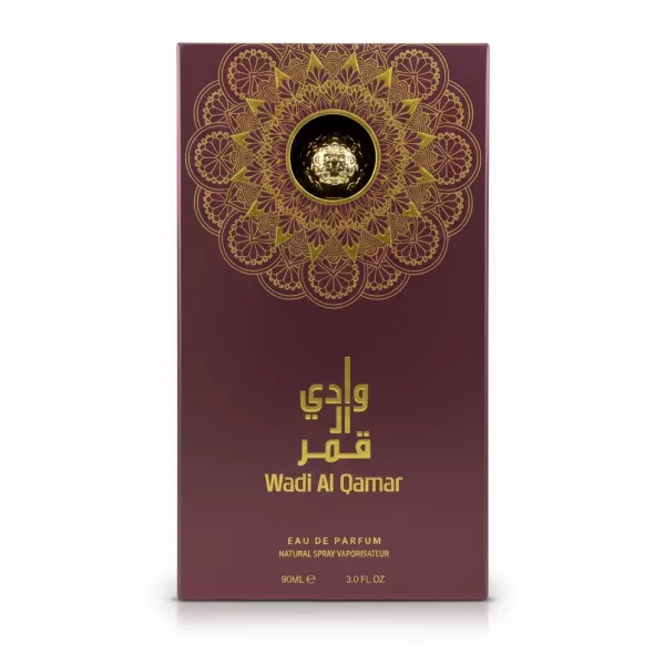 Elegant burgundy and gold Wadi Al Qamar perfume box with intricate mandala design