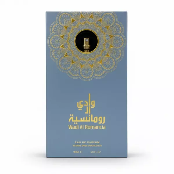 Blue and gold decorative packaging box of Wadi Al Romancia Eau de Parfum