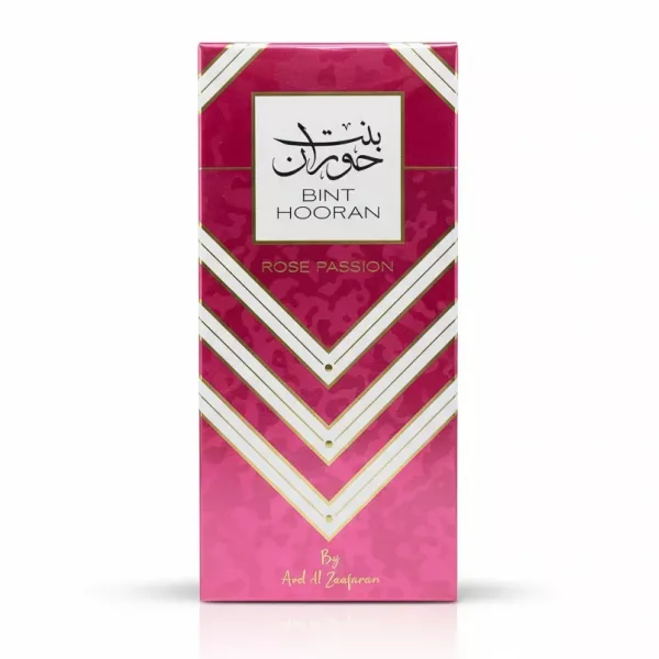 Packaging box of Bint Hooran Rose Passion perfume in pink and gold design