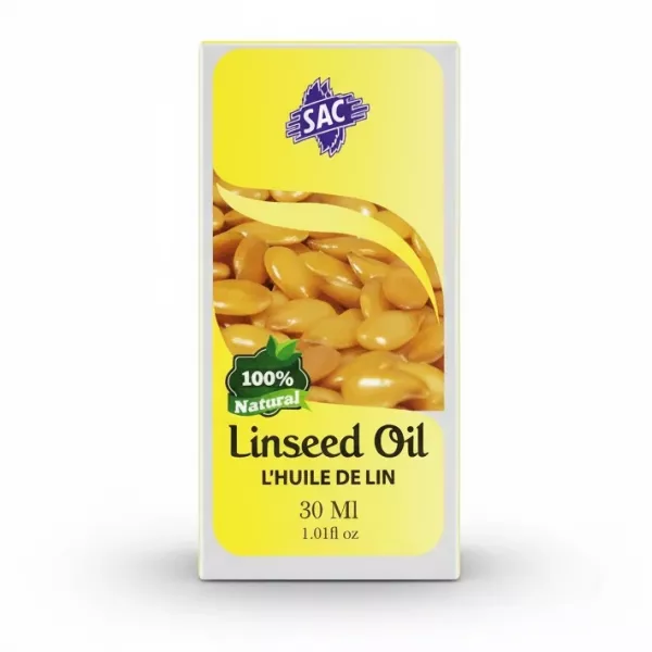 Front of SAC Linseed Oil 30ml yellow package showing linseed seeds on a white background