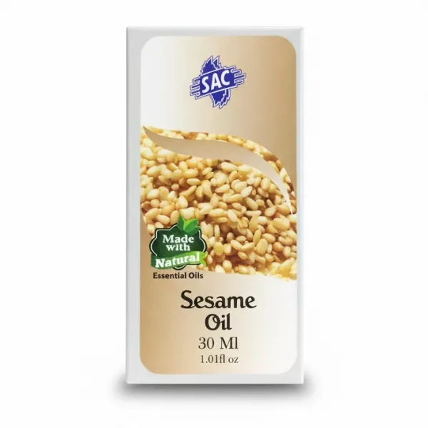 Box of SAC branded 30ml sesame oil showing sesame seeds on front
