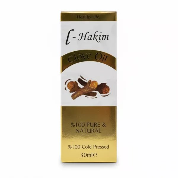 L-Hakim Clove Oil 30ml front packaging with gold and white design