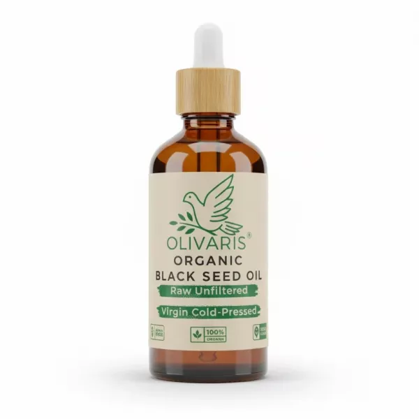 Olivaris Organic Black Seed Oil bottle with bamboo dropper cap front view