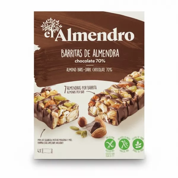 Box of el Almendro almond bars with dark chocolate and nuts on display