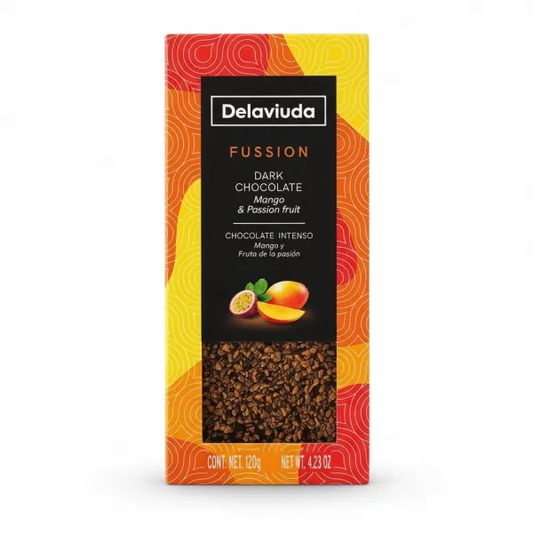 Front packaging of Delaviuda Fussion Dark Chocolate with mango and passion fruit