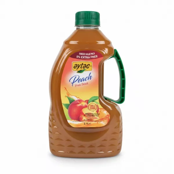Large bottle of Aytac peach fruit drink with green cap and handle
