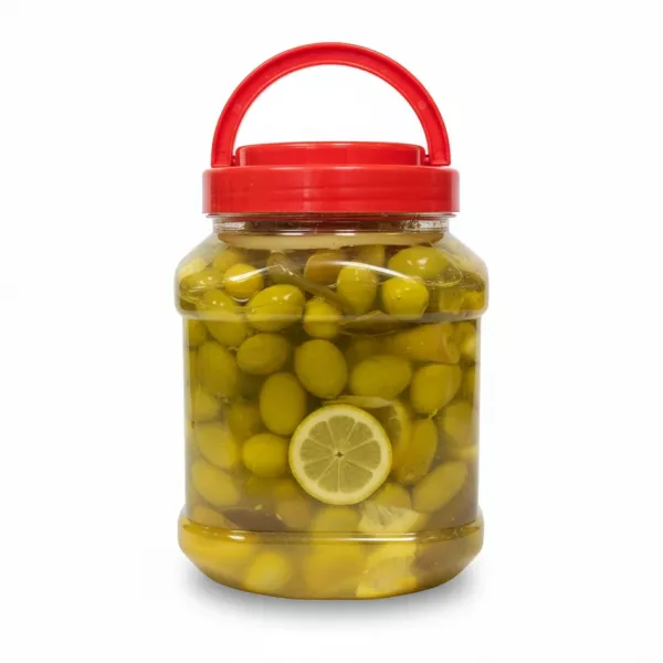 Jar of pickled green olives with lemon slices and red lid