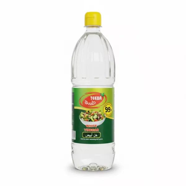Teeba brand white vinegar bottle with yellow cap and green label showing salad image