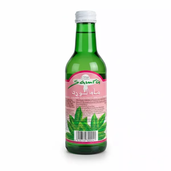 Green glass bottle of Samra branded rose water with a pink label and white cap