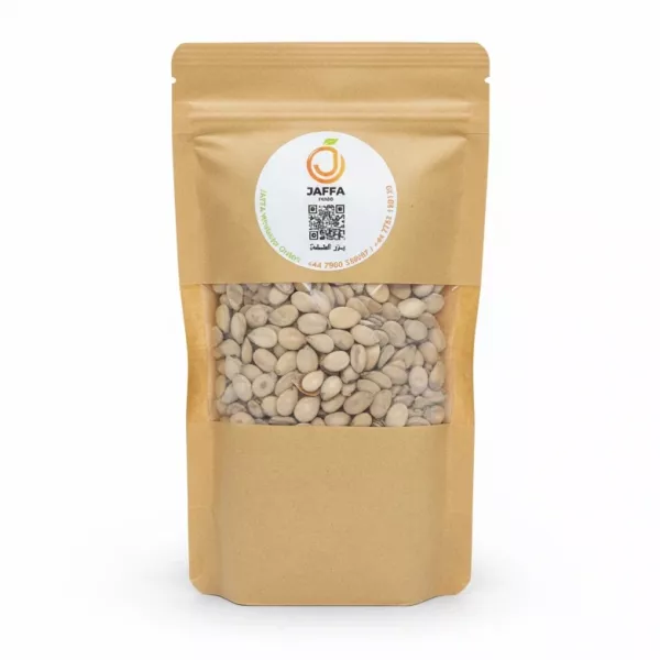 Jaffa Food brand dried fava beans in kraft paper bag with clear window