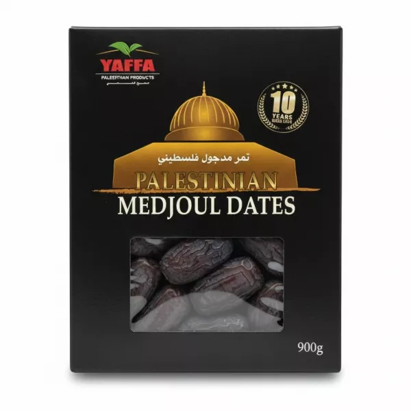 Box front of Yaffa Palestinian Medjoul Dates showing product window