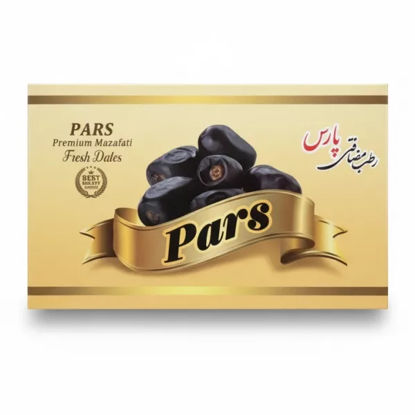 Box of Pars Premium Mazafati Fresh Dates with golden packaging