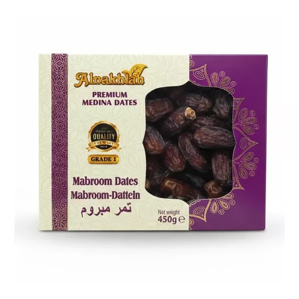 Box of Alnakhhlah Premium Mabroom Dates with purple and cream packaging showing dates through window