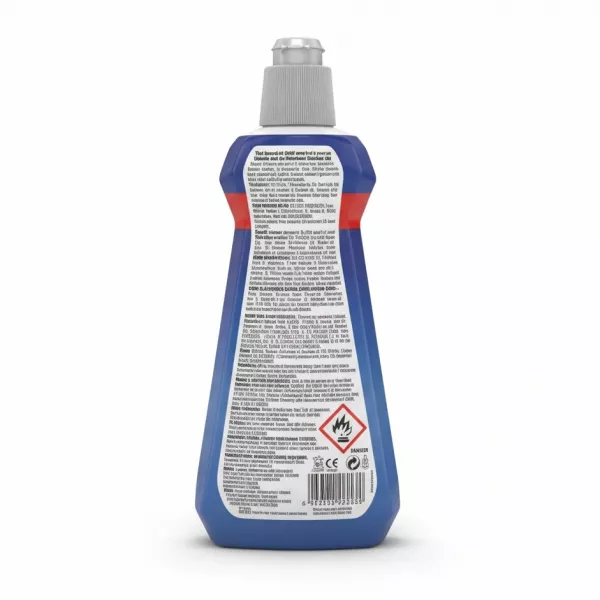 Back label of Finish Dishwasher Rinse & Shine Aid bottle showing product details and barcode