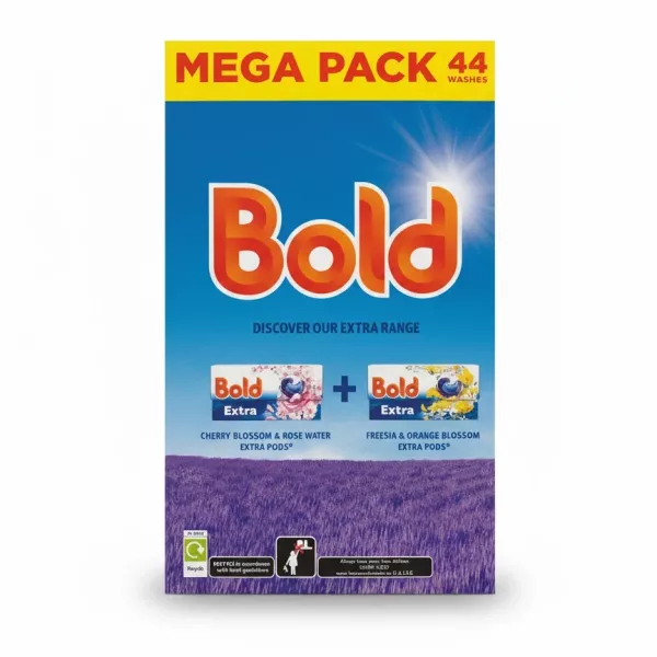 Back of Bold Laundry Detergent box showing extra product variants and purple field background