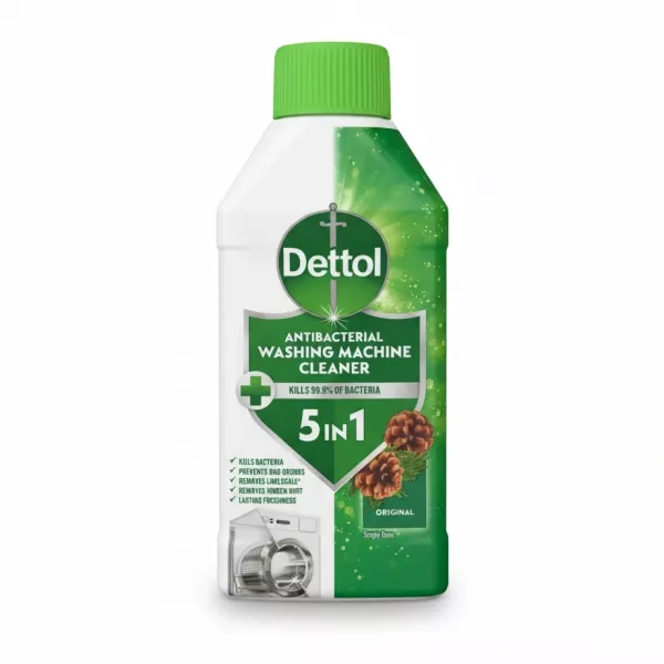 Bottle of Dettol Antibacterial Washing Machine Cleaner with green cap