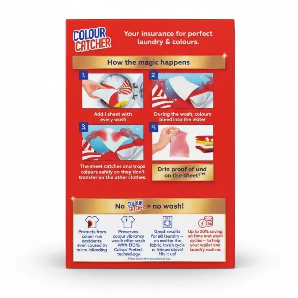 Back of Dylon Colour Catcher box explaining sheet use and benefits