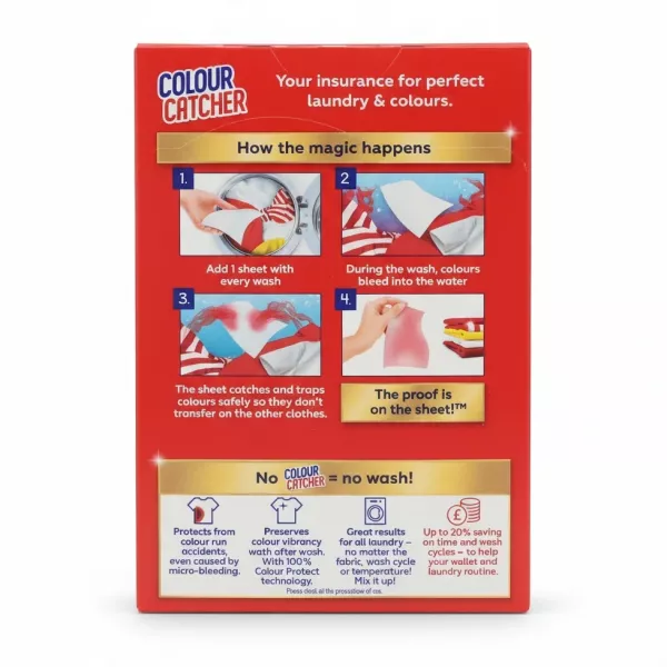 Back of Dylon Colour Catcher box with usage instructions and benefits