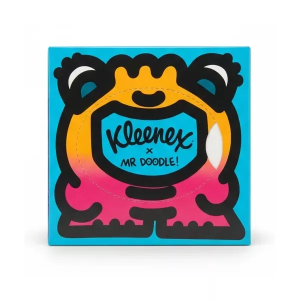 Kleenex tissue box with colourful Mr Doodle artwork on sides