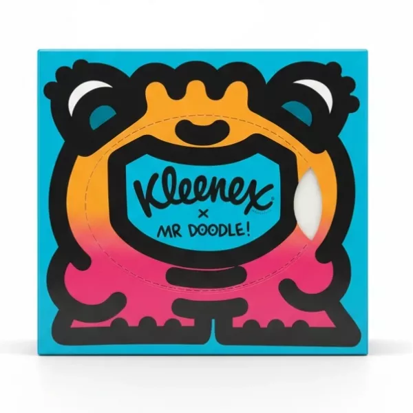 Kleenex x Mr Doodle limited-edition tissue box front view with vibrant doodle design