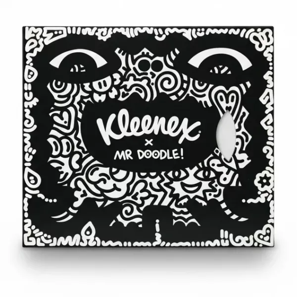 Kleenex tissue box with black and white Mr Doodle artwork front design