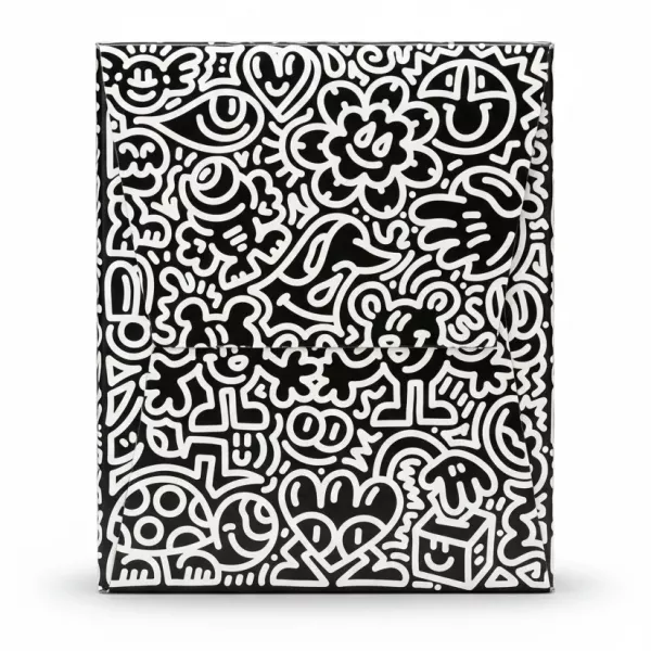 Back view of Kleenex tissue box featuring detailed black and white doodle pattern