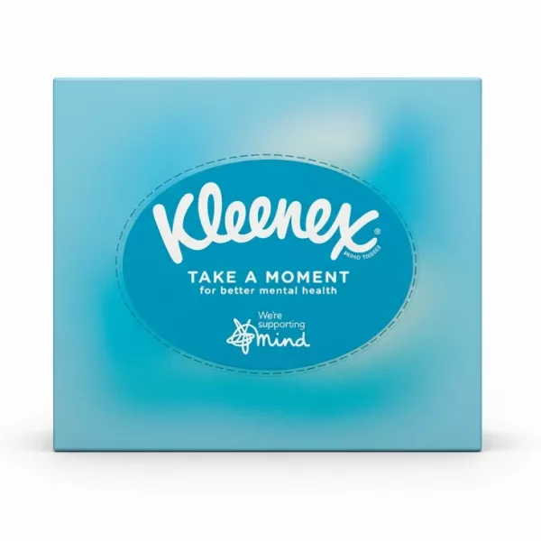 Kleenex Take A Moment 48-pack box with blue design and branding