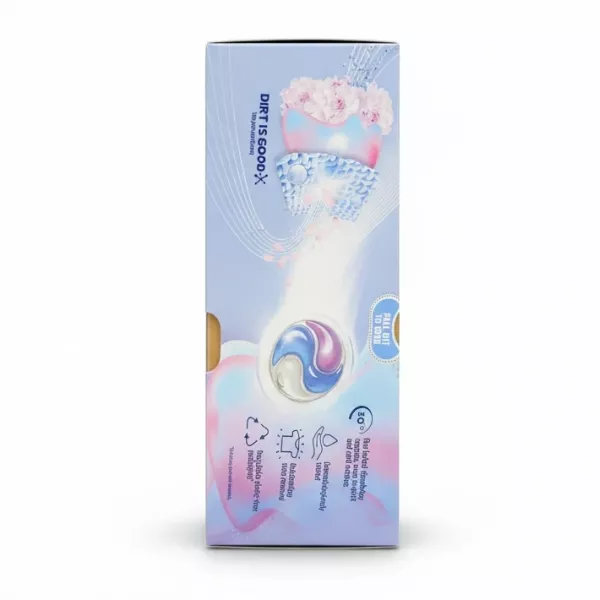 Side view of Persil Pure Heaven Scent Non Bio Laundry Capsules box showing features