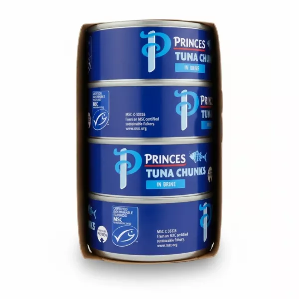 Close-up of three Princes Tuna Chunks cans stacked in cardboard tray
