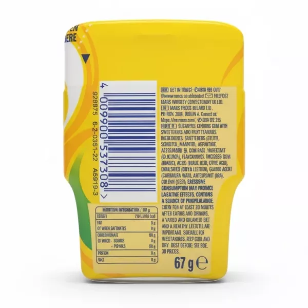 Wrigley's Extra Refreshers Tropical Sugarfree Gum pack back with ingredients and nutritional info