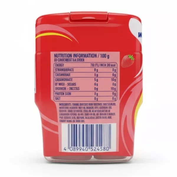 Wrigley's Extra Refreshers strawberry lemon gum pack back with ingredients and nutrition