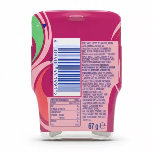 Wrigley's Extra Refreshers watermelon raspberry flavour gum pack back with ingredients and nutritional info
