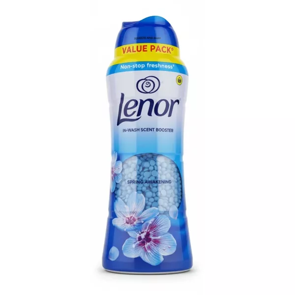 Bottle of Lenor Spring Awakening in-wash scent booster beads with blue floral design