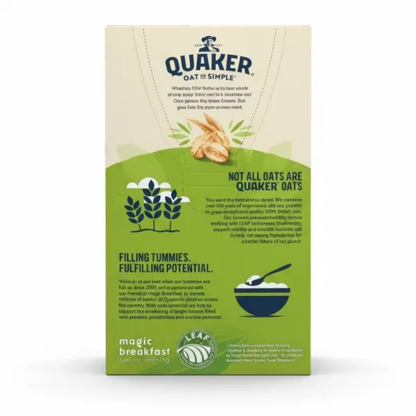 Back of Quaker Apple & Blueberry oat box showing product details and sustainability info