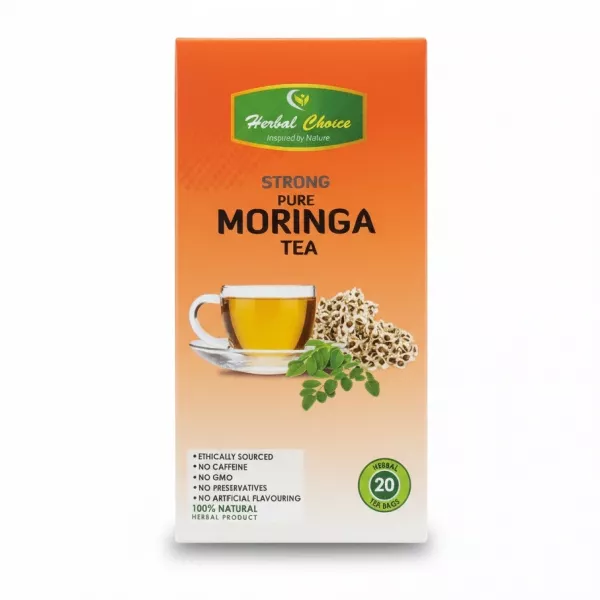 Box of Herbal Choice Strong Pure Moringa Tea showing front with cup and moringa seeds illustration