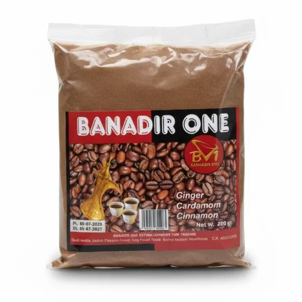 Packaged Banaadir One coffee blend with ginger, cardamom, and cinnamon label