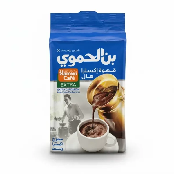 Hamwi Café Extra Cardamom Coffee package front showing cup of coffee and pouring pot