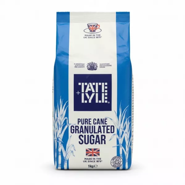 Tate & Lyle Pure Cane Granulated Sugar front packaging blue and white bag