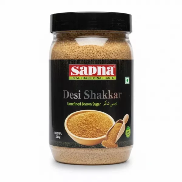 Sapna Desi Shakkar unrefined brown sugar jar front view