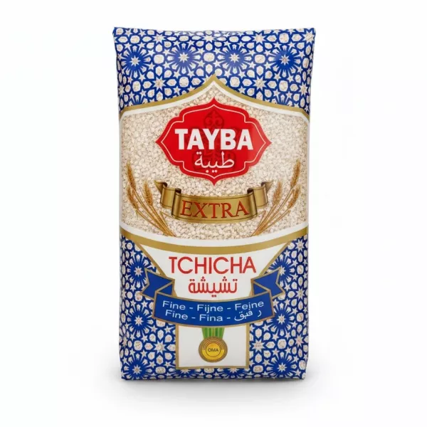 Front view of Tayba brand fine Tchicha barley semolina package showing blue and gold design