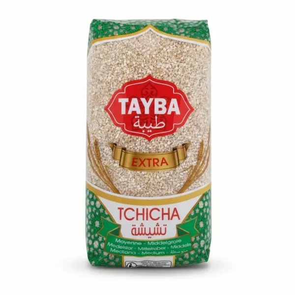 Front view of Tayba Extra Tchicha barley semolina 1kg packaging