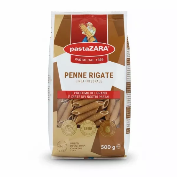 pastaZARA Penne Rigate whole wheat 500g front packaging