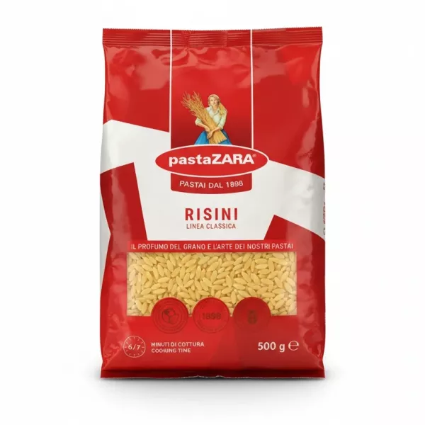 PastaZARA Risini pasta package front view with red and white design