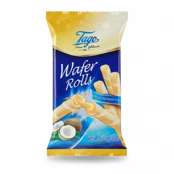 Tago brand wafer rolls with coconut flavour cream in blue and yellow packaging