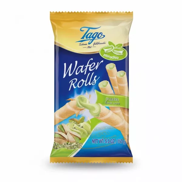 Tago Wafer Rolls pistachio flavour cream packet front
